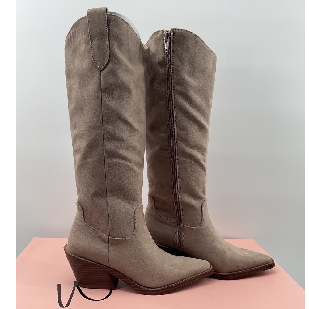 Wild Pair Women Taupe Faux Suede Western Tall Pointed Toe Block Heel Boots